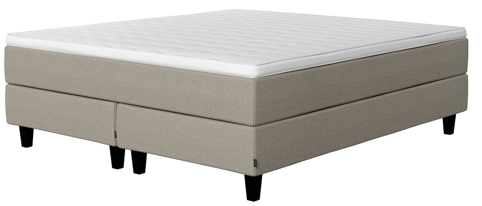 Glow jubileum kontinentalseng 150x200 cm Tekstil 387 Greige, fast/fast, sleep I overmadrass og 2x kantet konet 14 cm sorte ben