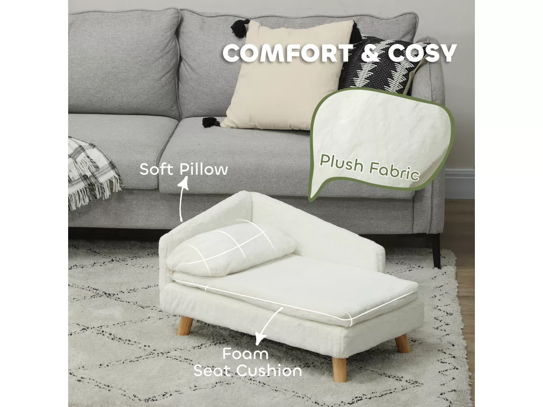 Canapé chien méridienne style scandinave 2 coussins déhoussables bois aspect fourrure crème