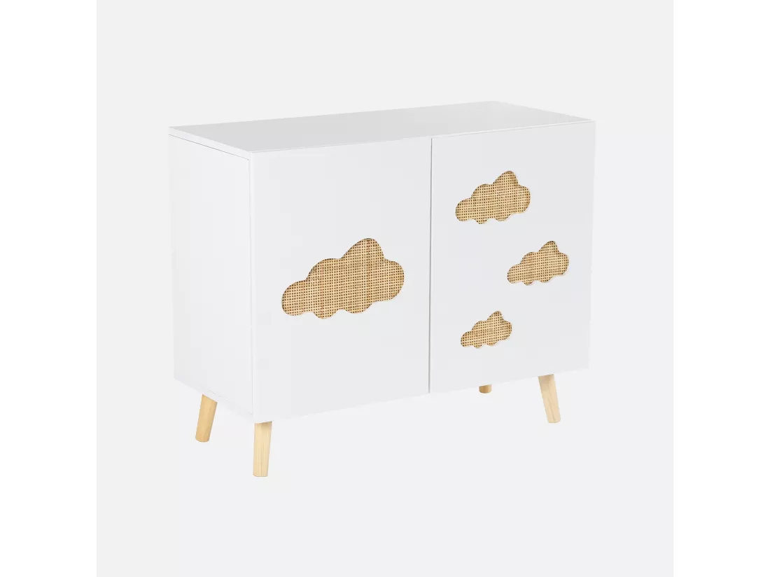 Commode enfant. blanc. 2 portes avec nuages en cannage. 2 étagères