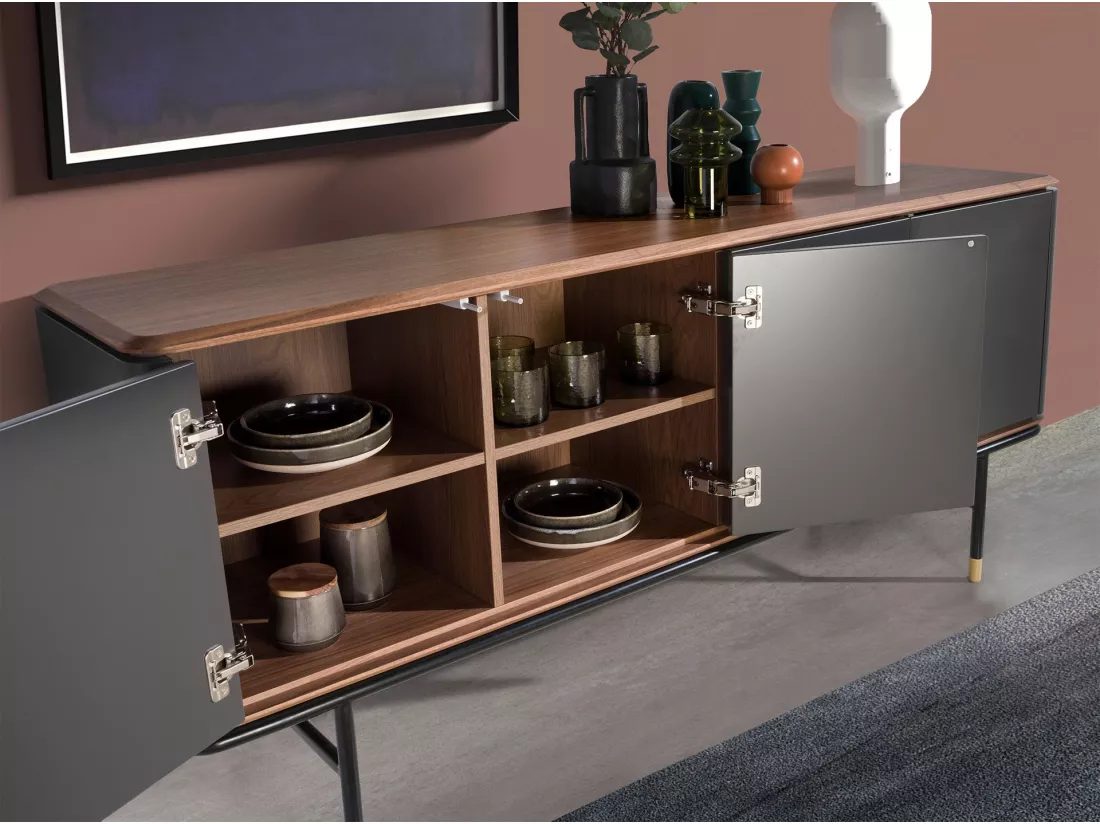 Buffet en bois gris foncé, acier noir et plateau en noyer