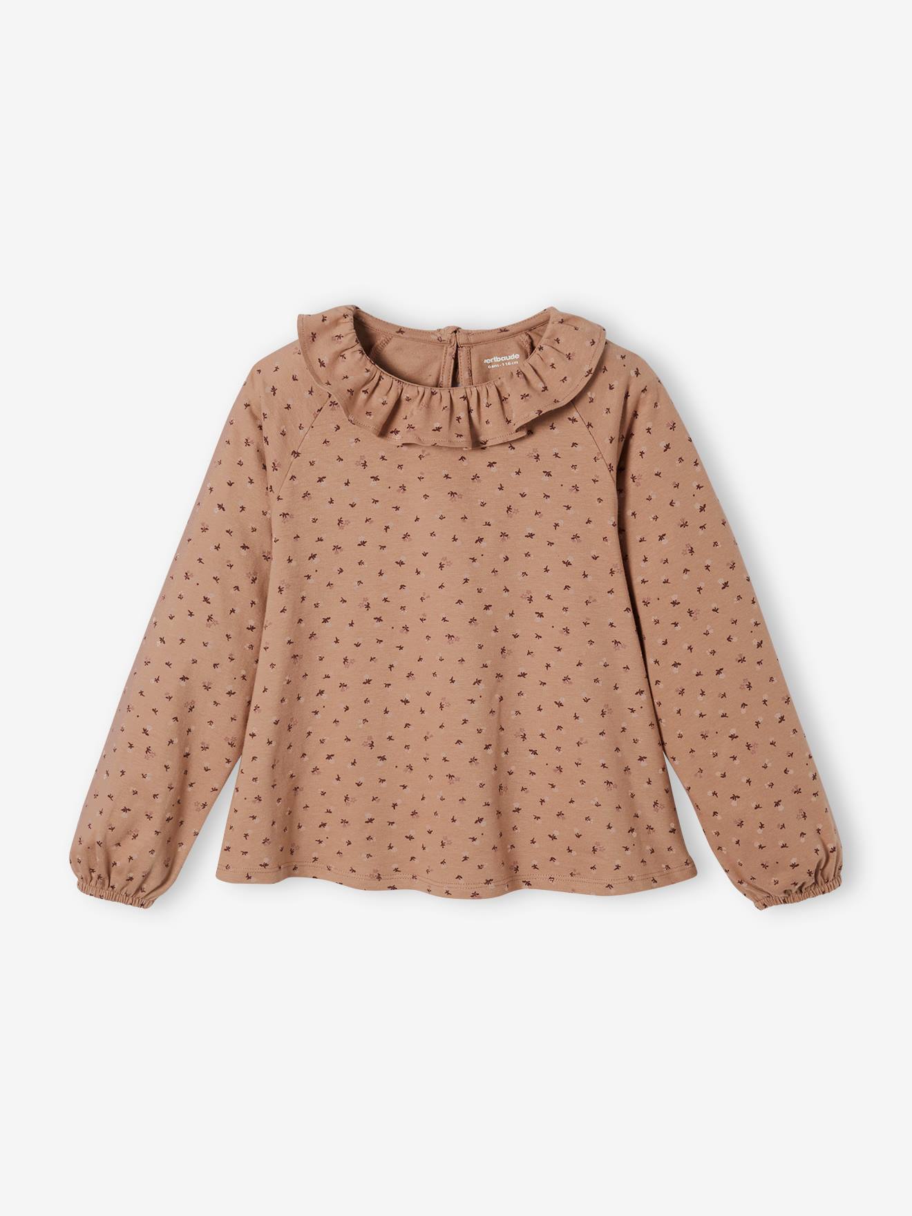 Blusa camiseta com babados e estampa floral, rosa escuro, para meninas.