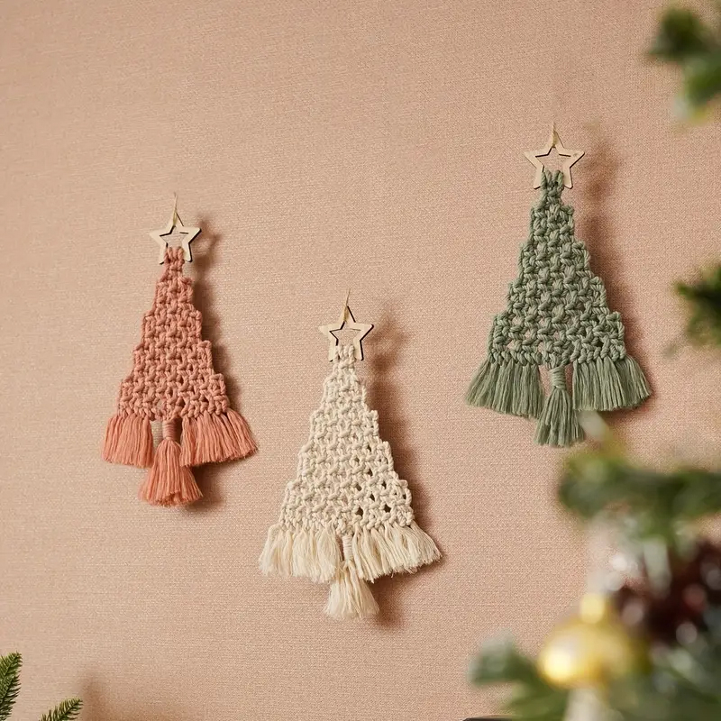 (6-tlg. Set) DIY Makramee Weihnachtsbaum Anhänger Boho Deko Bastel Zubehör inkl. Holz Stern - Lachs / Grün / Weiss