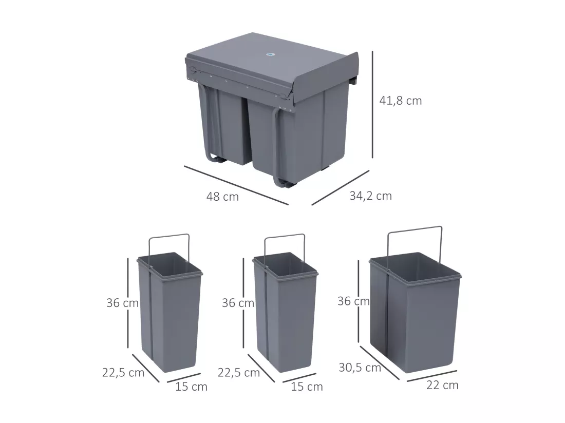 Poubelle de tri coulissante - 3 bacs amovibles avec poignée - 2 x 10L et 1 x 20L - métal PP gris