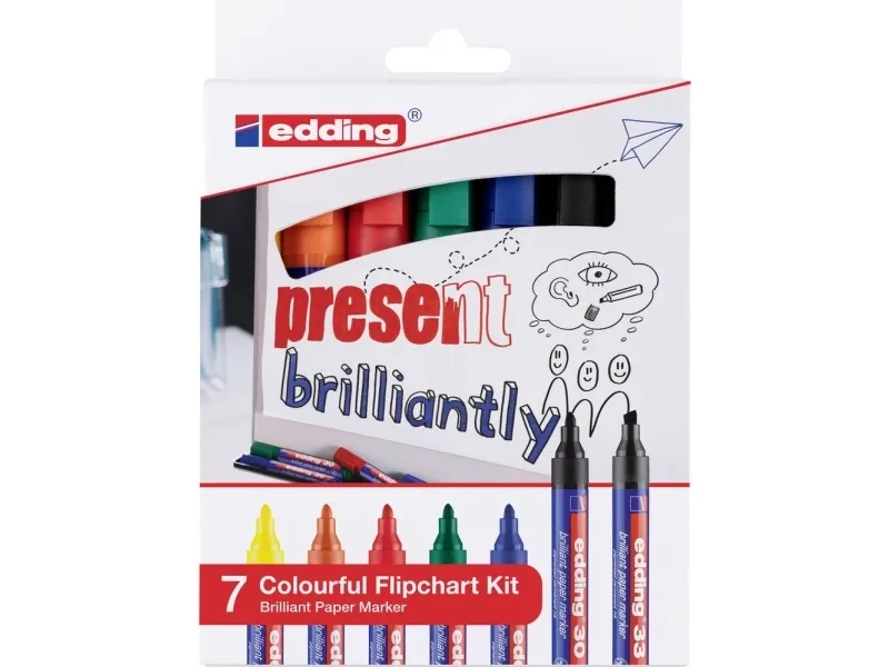 Edding Colourful Flipchart Kit, Sort, Blå, Grøn, Orange, Rød, Gul, Blandet, Forskellige farver, Glas, Jern, Metal, Papir, Plast, Stål, Tyskland, Vandbaseret blæk