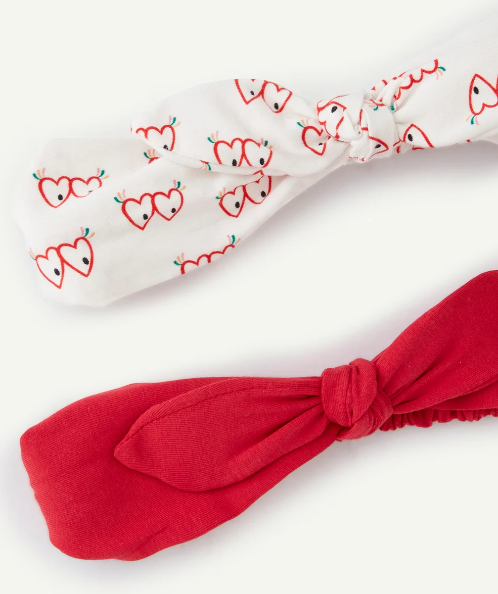 LOT DE 2 BANDEAUX FILLE ROUGE ET ÉCRU IMPRIMÉ COEUR