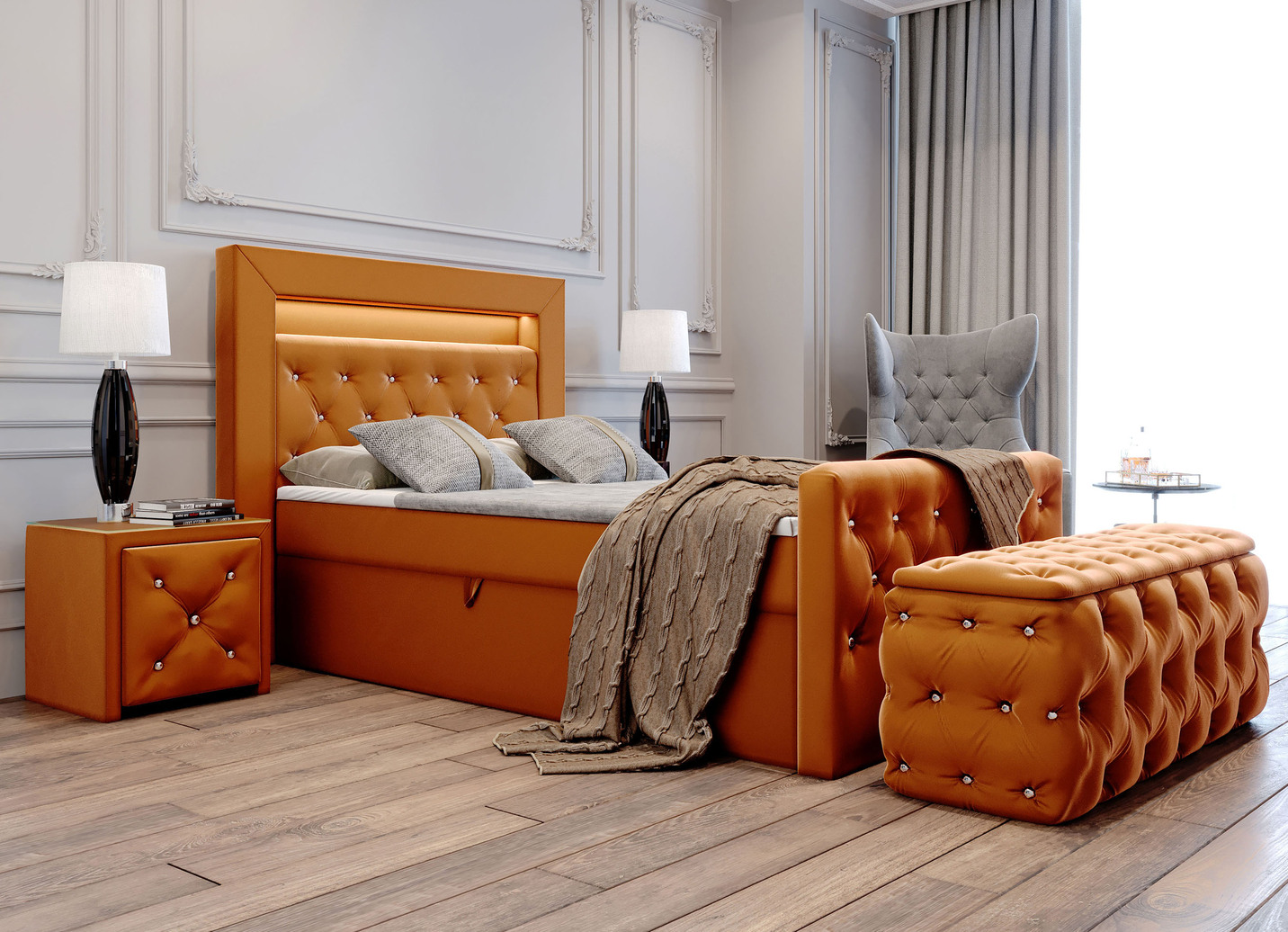 Boxspringbett mit LED-Beleuchtung, Topper und Nachttisch