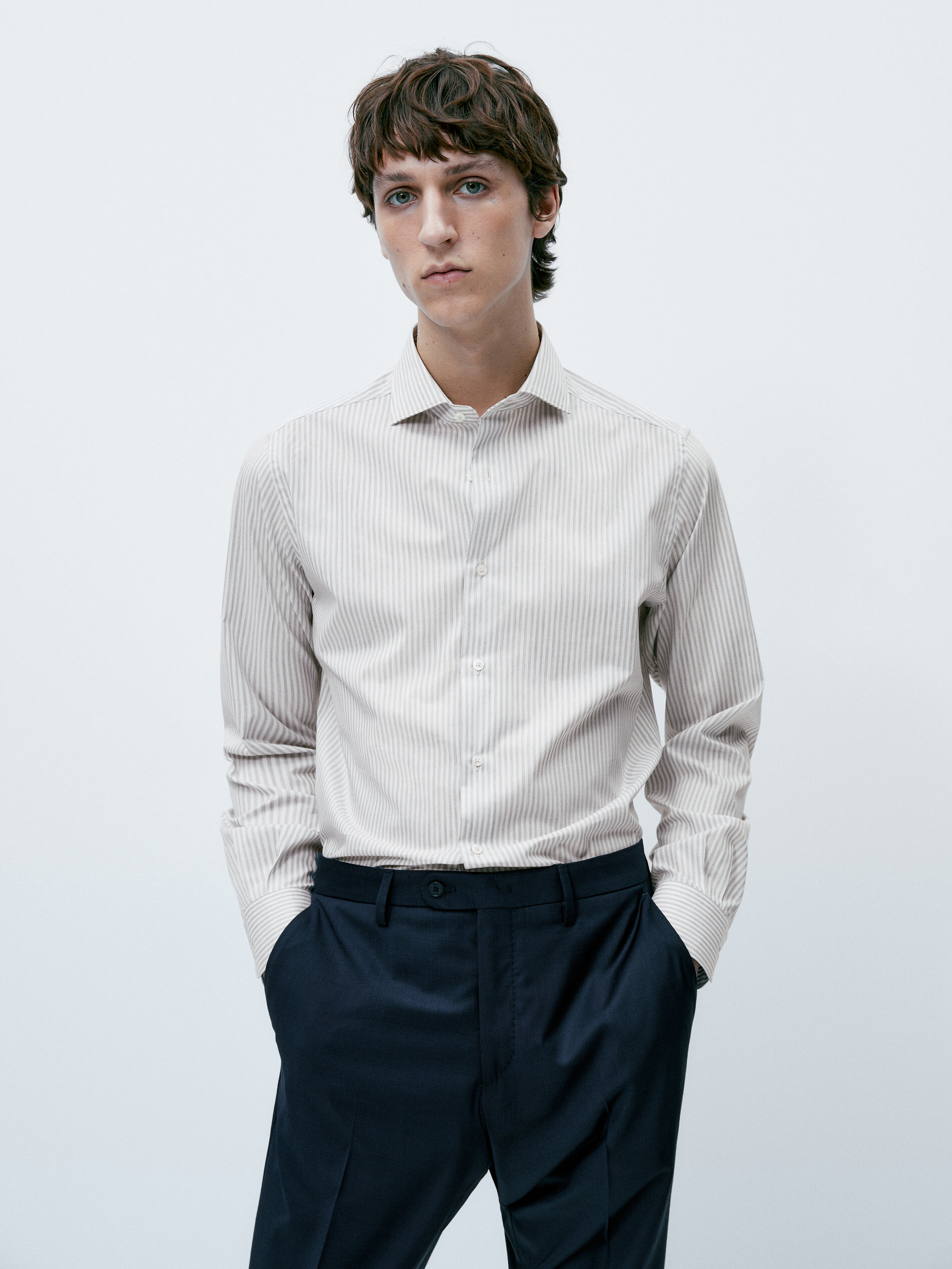Camisa Raya Melange Slim Fit, fácil de passar a ferro - CINZA