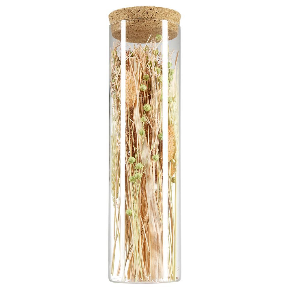 Tube en verre couvercle liège intérieur fleurs séchées rose et vert