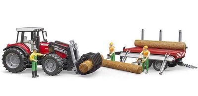 Bruder Massey Ferguson 7480 Traktor Med frontlaster Og Tømmertrailer