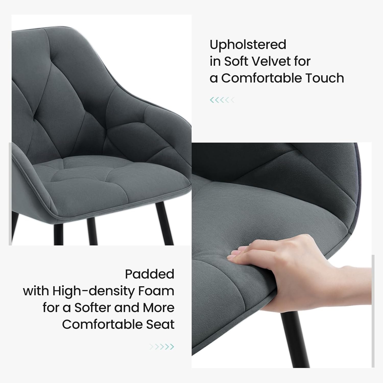 WOLTU Esszimmerstühle 2er Set, für Esszimmer Wohnzimmer, ergonomische Küchenstühle gepolstert mit Armlehnen, Metallbeinen, Sitzfläche aus Samt, Dunkelgrau