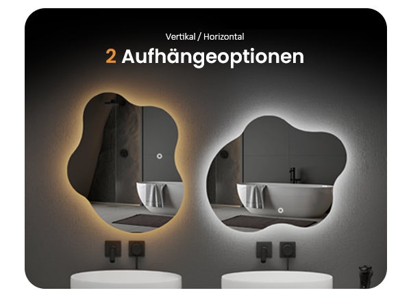 EMKE LED-badkamerspiegel, frameloze spiegel met verlichting, asymmetrische LED-badkamerspiegel met anti-condens, 50 x 45 cm, koel wit/neutraal/warm wit licht