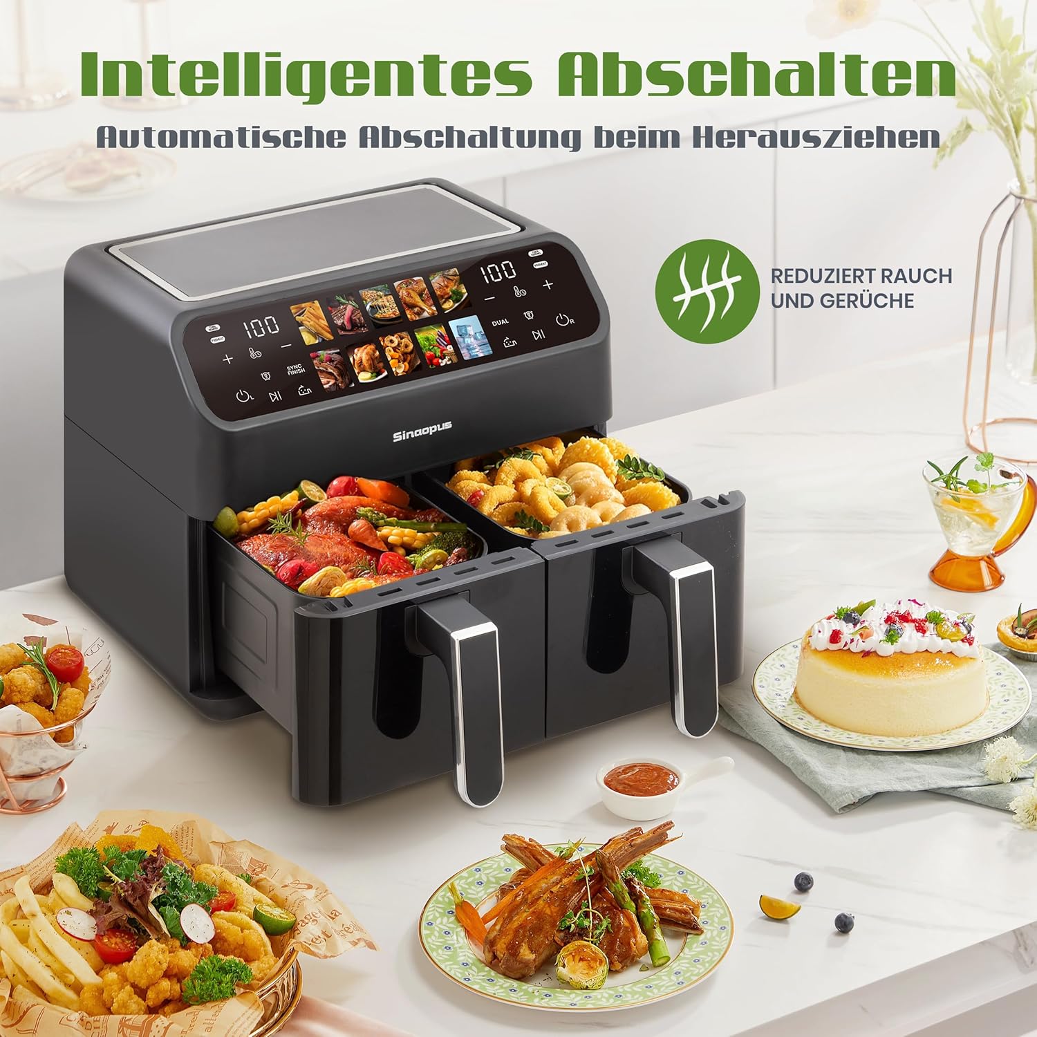 Heißluftfritteuse Airfryer, Dual Zone Heißluftfritteuse 9L – Doppelkammer XXL 2000 W, LED-Touchscreen, 10 Programme, Friteuse Heissluft ohne Öl, Airfryer mit 2 Körben(9L-901A)