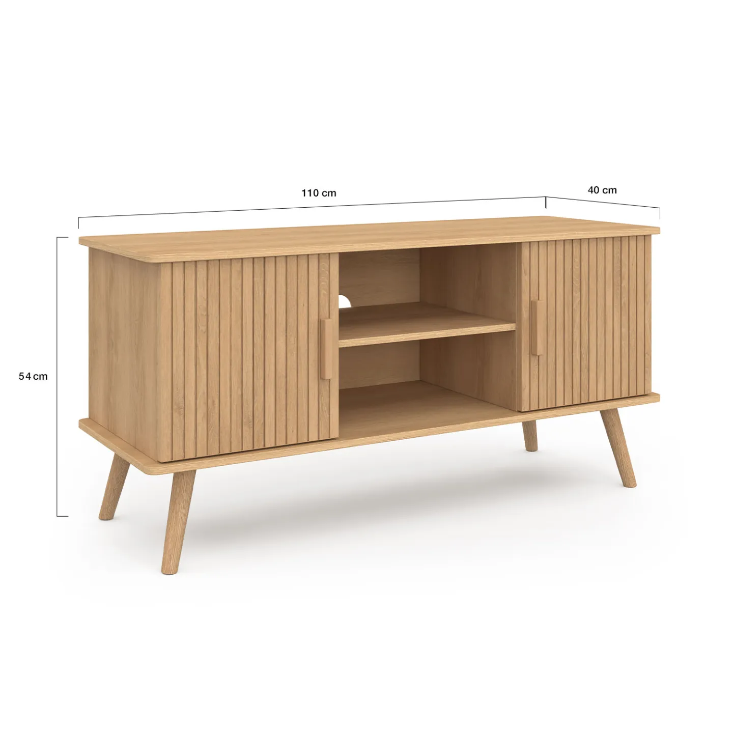 Meuble TV 110 cm JULIETTE 2 portes lattes tasseau bois coloris chêne
