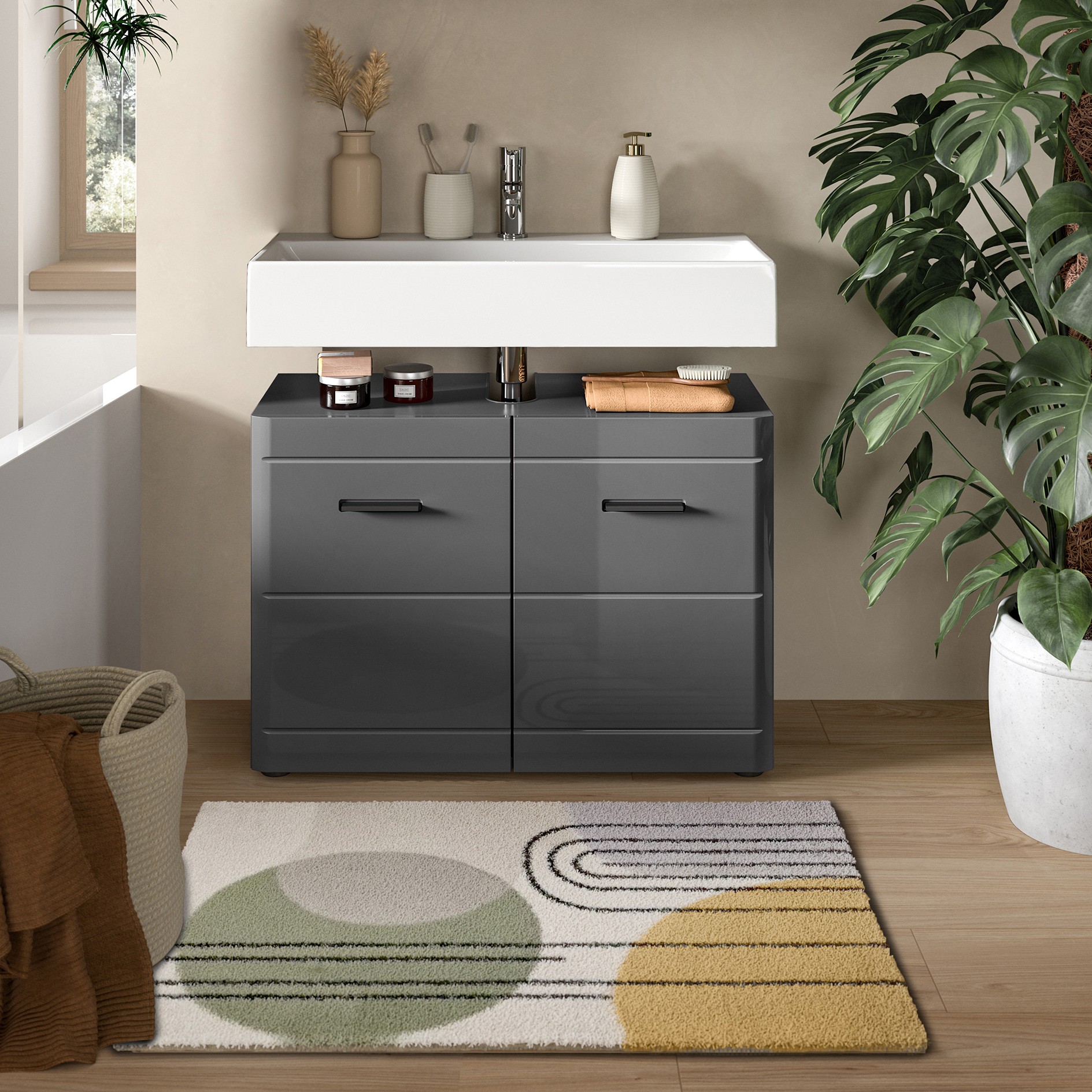 Waschbeckenunterschrank SOFT - grau Hochglanz - 80 cm