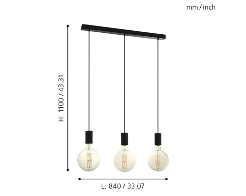 Hanglamp, 3-lichts, HxBxL 110x6,5x84 cm, zwart
