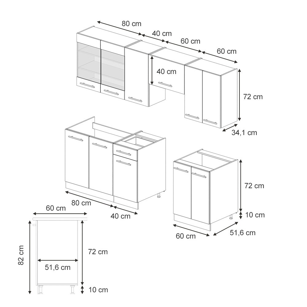 Vicco Küchenzeile Fame-Line Anthrazit Dunkelblau Hochglanz 240 cm mit Arbeitsplatte Eiche