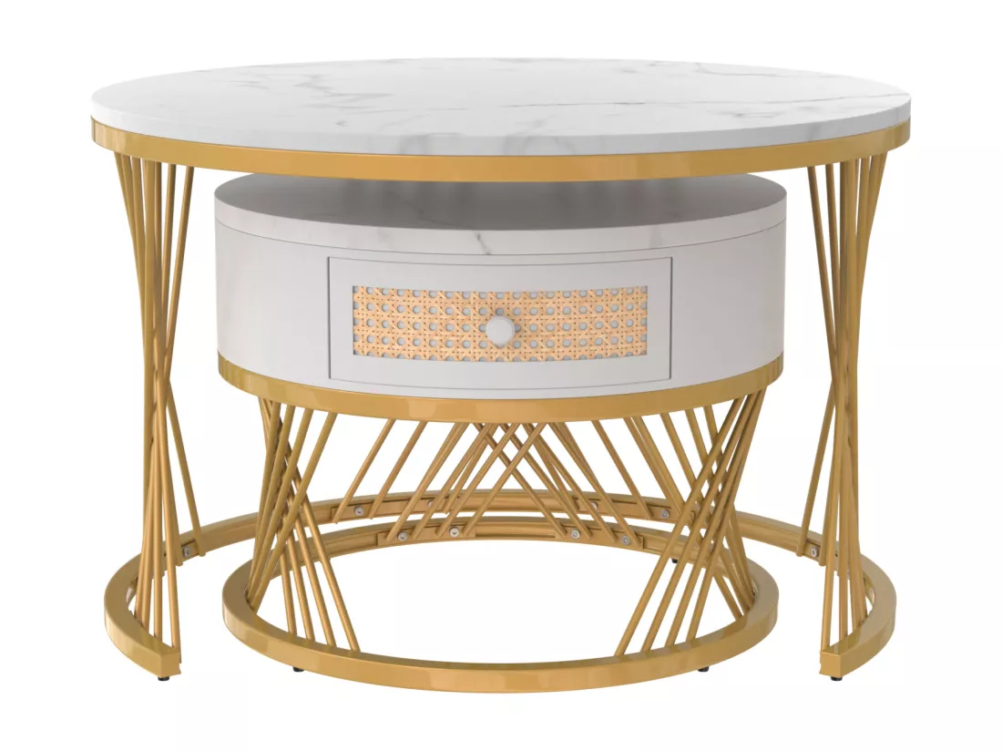 Lot de 2 table basse gigogne ronde, table d'appoint avec plateau en marbre et tiroirs en rotin, pieds en fer dorés - 70x70x45, 5+50x50x38, 5cm blanc