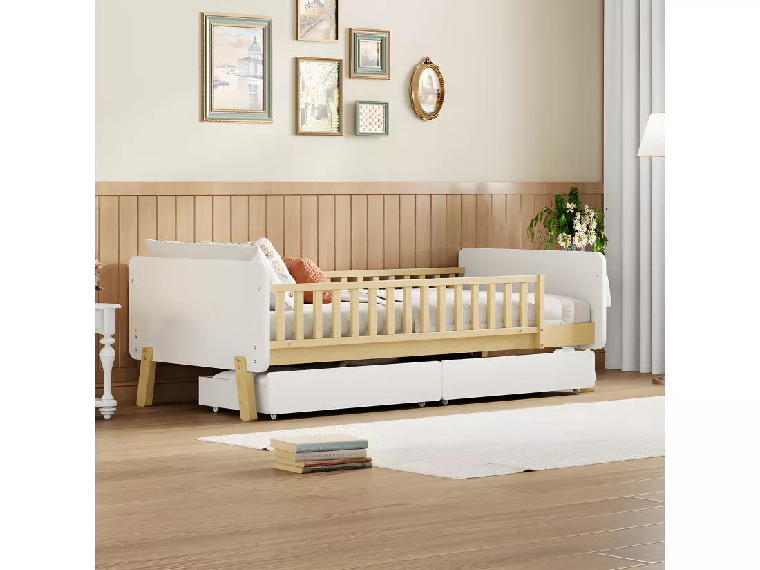 Lit enfant 90x190cm avec 2 tiroirs - lit simple en bois massif avec sommier à lattes - Blanc