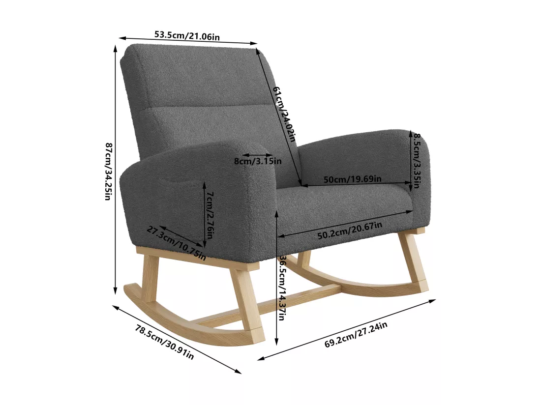 Fauteuil à bascule, avec accoudoirs, , dossier incliné, pieds en bois massif, - Gris foncé
