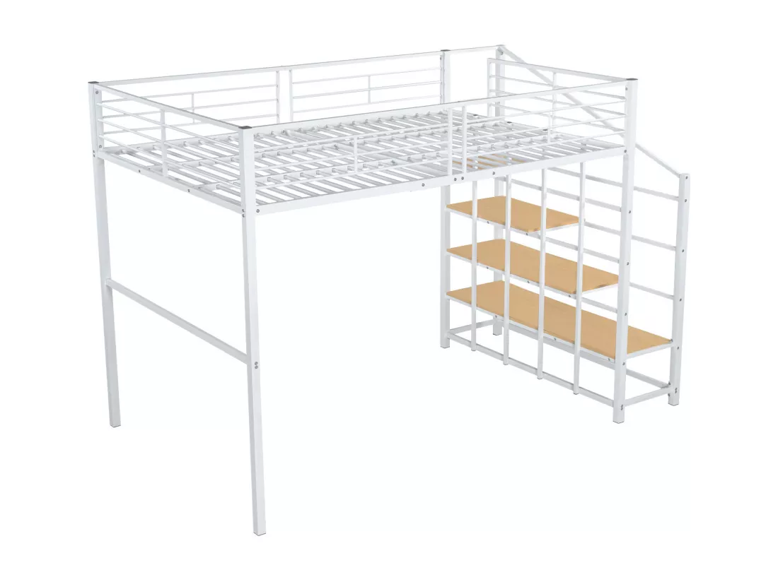 Lit mezzanine 140x200cm en métal - avec étagères et échelle de sécurité - Blanc (matelas non inclus)