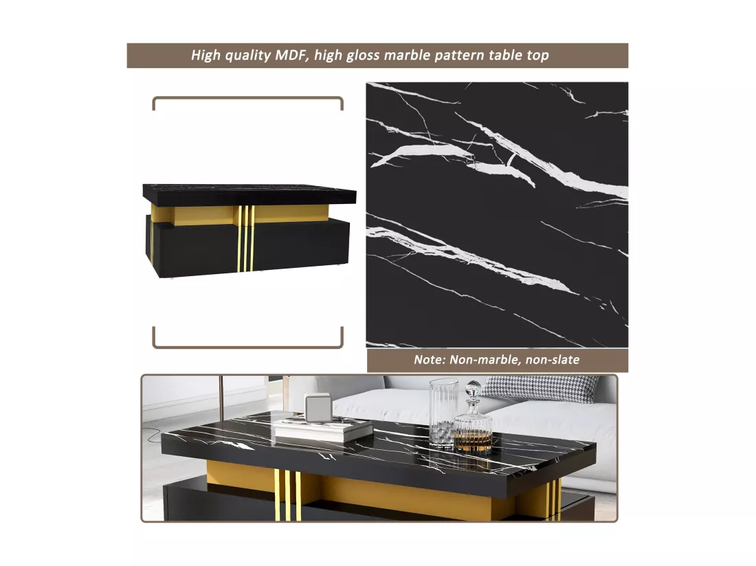 Table basse avec 2 tiroirs - planche à motifs marbre - style scandinave - Noir