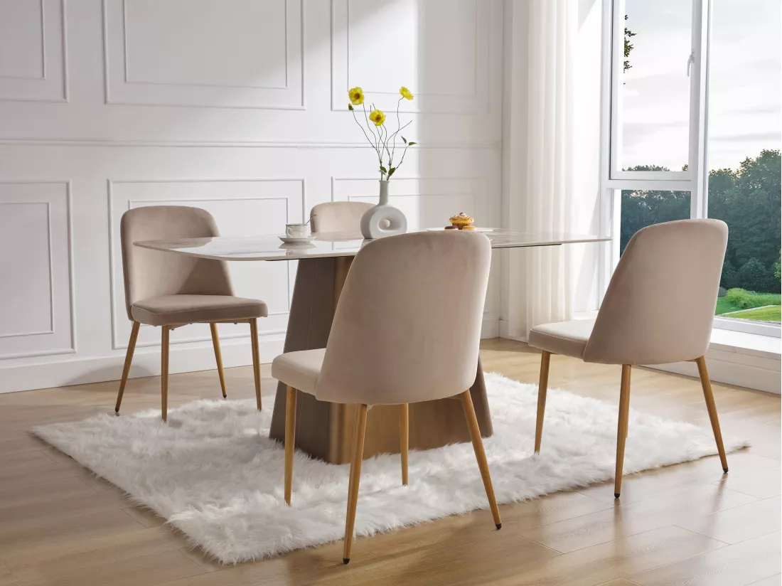 Lot de 2 chaises en velours et métal effet bois - Beige - MINAGRI