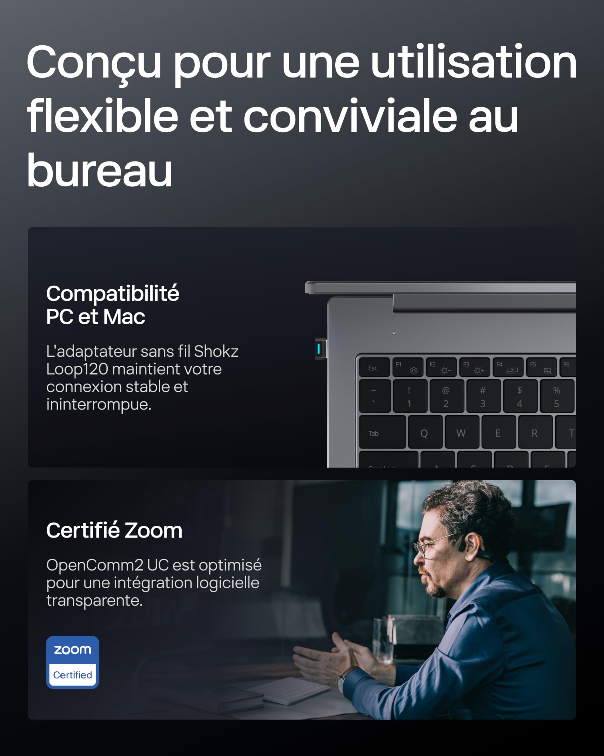 SHOKZ OpenComm2 UC 2025 Upgrade Conduction osseuse avec Adaptateur USB-A, écouteurs Bluetooth Oreilles Libres avec Micro Anti-Bruit, écouteurs sans Fil, 16 Heures d’autonomie, Signet de, Noir