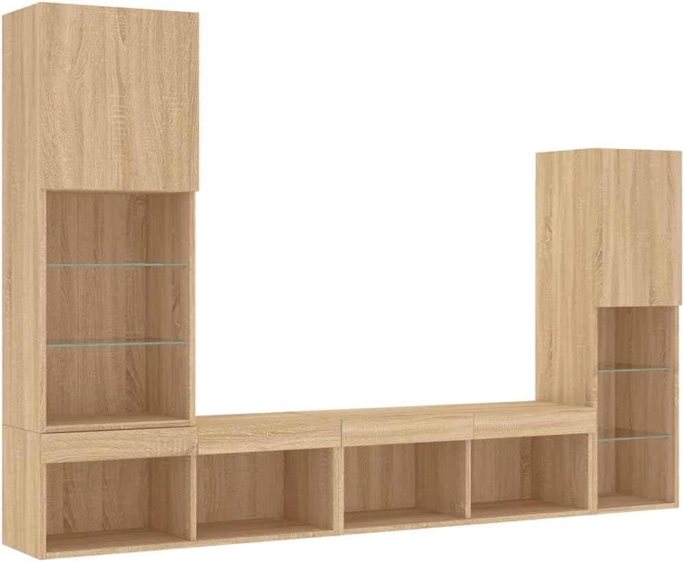 vidaXL Wohnwand 4-TLG., Schrankwand mit viel Stauraum, Anbauwand mit LED-Beleuchtung, Wandmontage Fernsehschrank Wohnzimmer Set Schrank, Sonoma-Eiche Holzwerkstoff