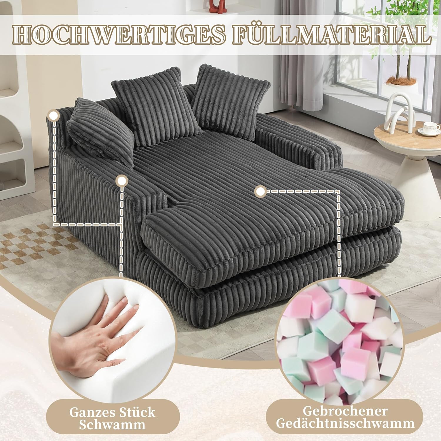 Cord Schlafsofa, Couch mit Armlehnen, Cloud Couch mit 3 Weichen Kissen, Bequemes Einzelsitz-Bodensofa, Loungesofa, Schlafsessel für Wohnzimmer, Schlafzimmer, Büro, 125x155x63 cm, Grau