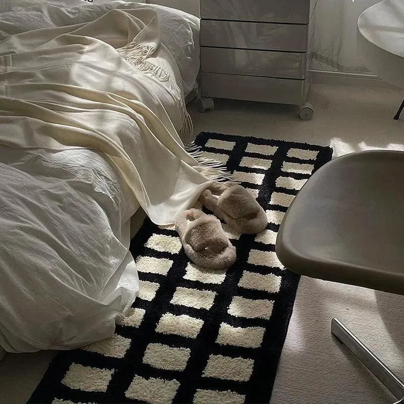 Tufting Black White Grids Bedside Rug | Geometric Soft Long Carpet | For Aesthetic Bedroom Home Decor