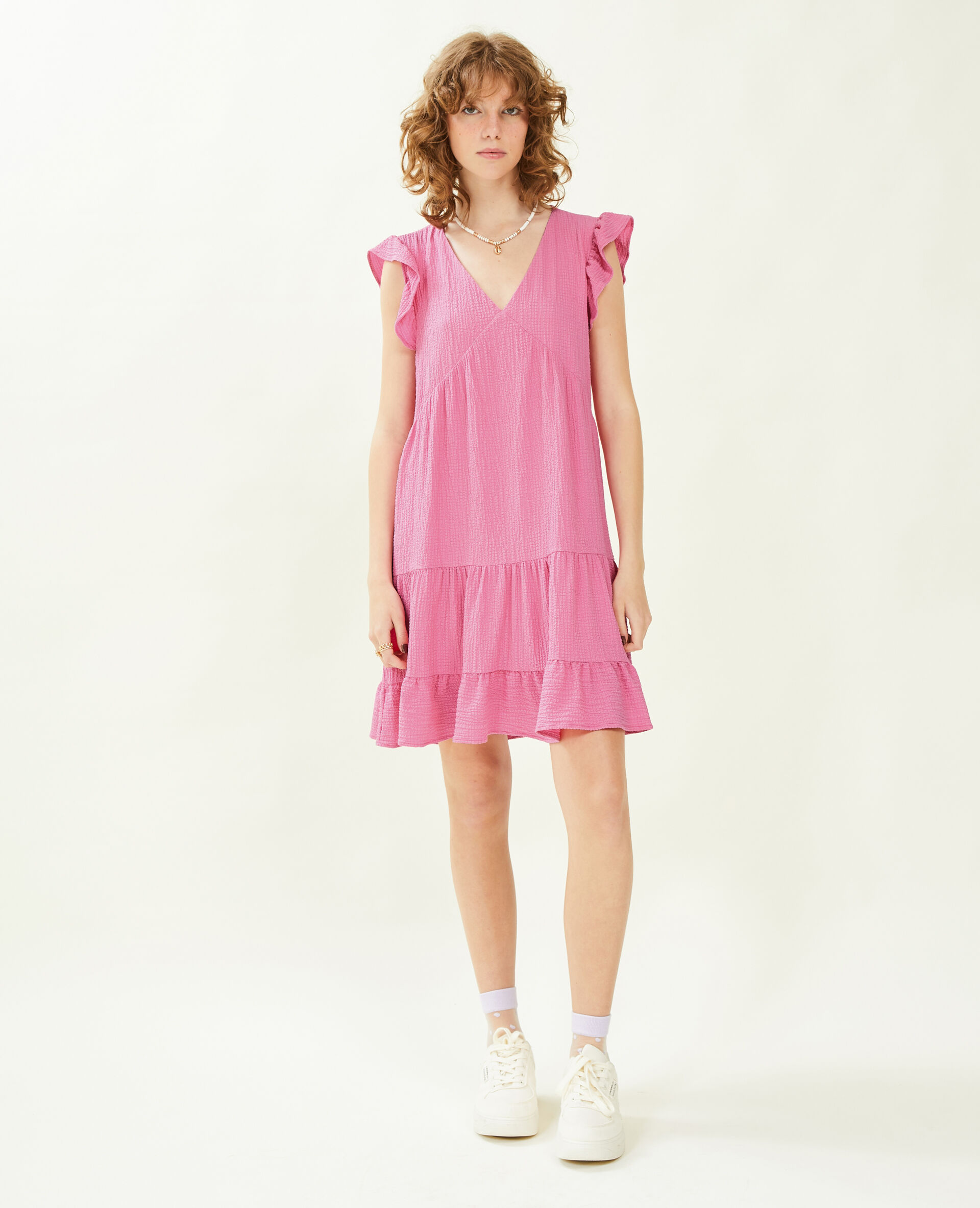 Robe courte tissu gaufré - Rose