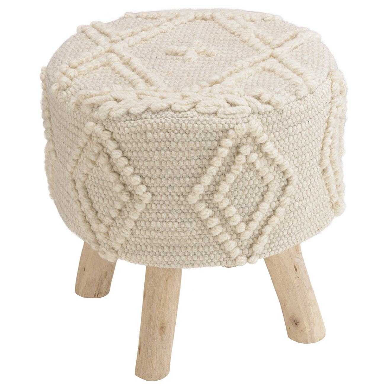 Macabane Tabouret rond en Laine motifs losanges Sacha ivoire - D.40x42 cm