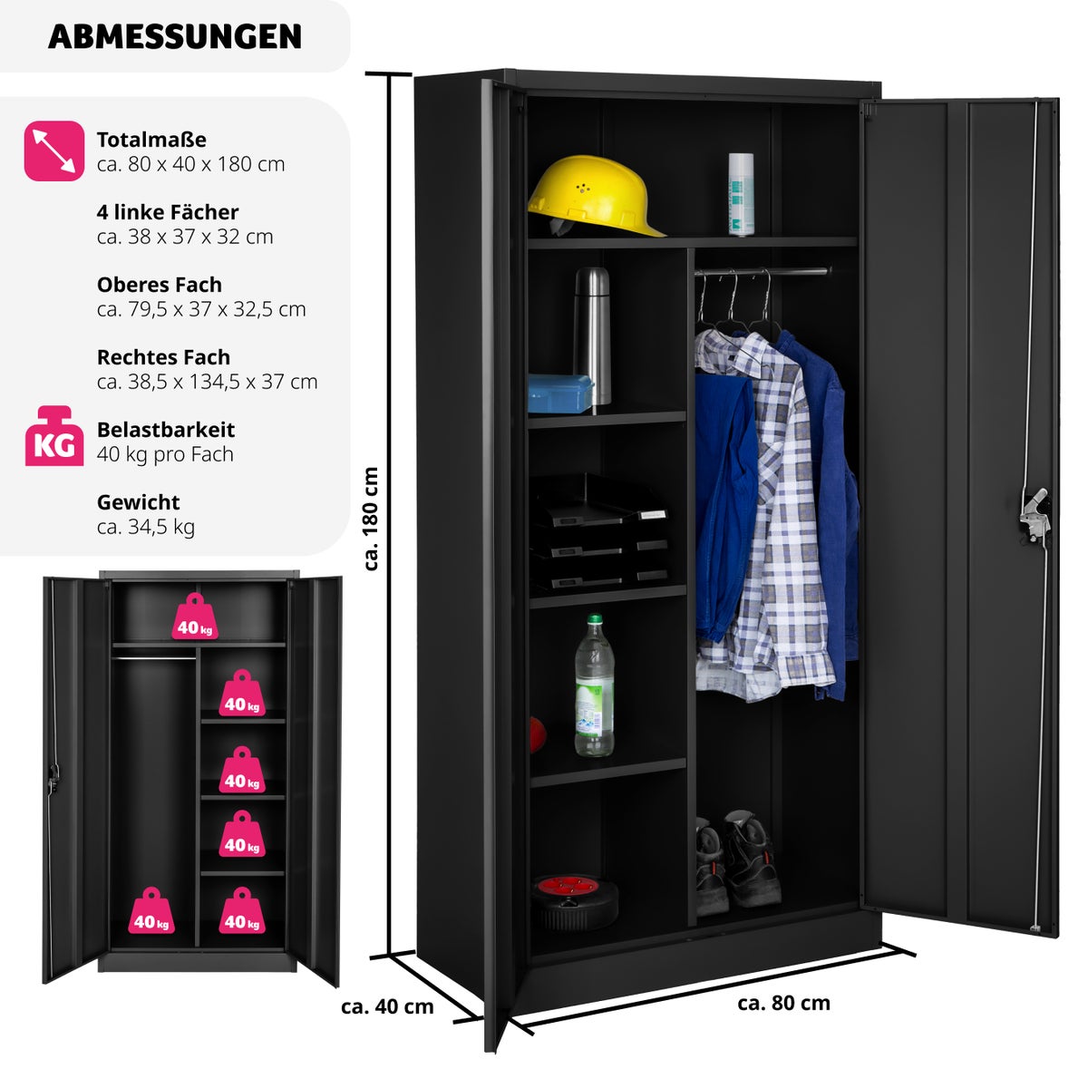 tectake locker van gepoedercoat staal, 180 x 80 x 40 cm