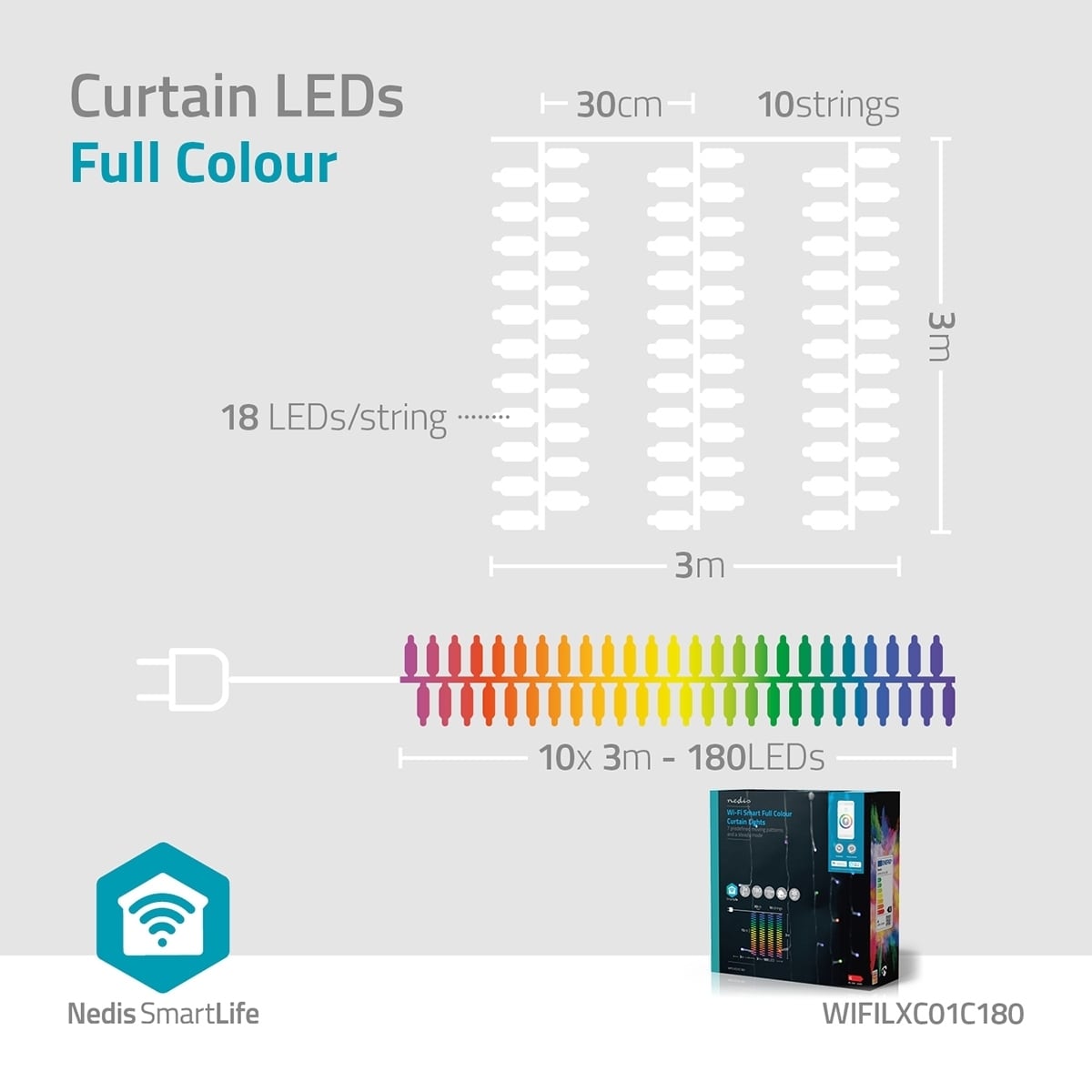 Nedis SmartLife Julelys | Gardin | Wi-Fi | RGB | 180 LED s | 3 m | Android™ / IOS