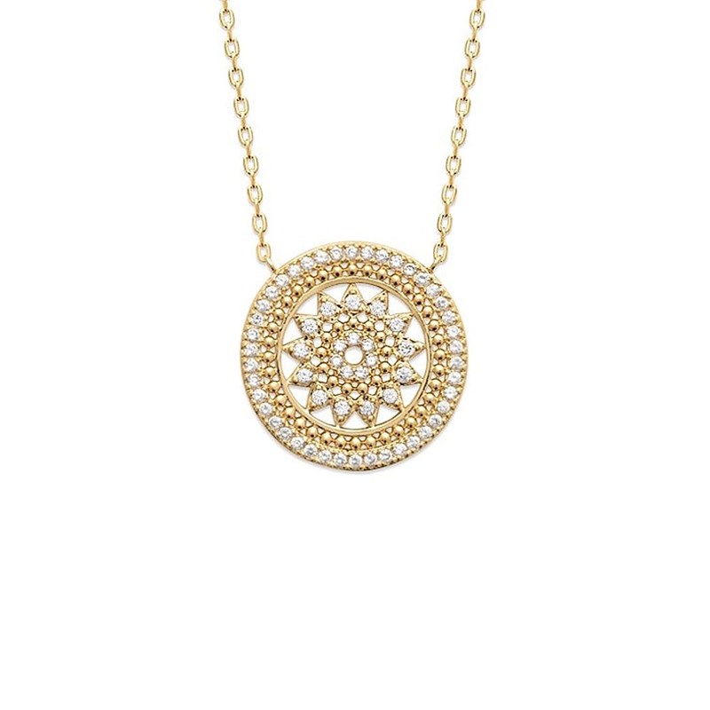 Collier soleil dans un cercle serti d'oxyde de zirconium Plaqué OR 750 3 microns