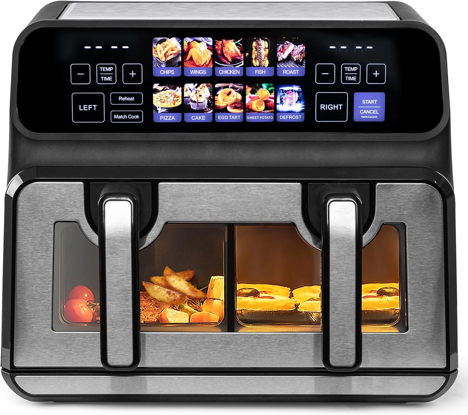 Dual Zone 9L-802TS Heißluftfritteuse, XXL Doppelkammer 2200W Heißluftfritteuse mit Trennwand, LED Touch Display, 8 Programme, 10-in-1 Heißluftfritteuse mit 2 Körben