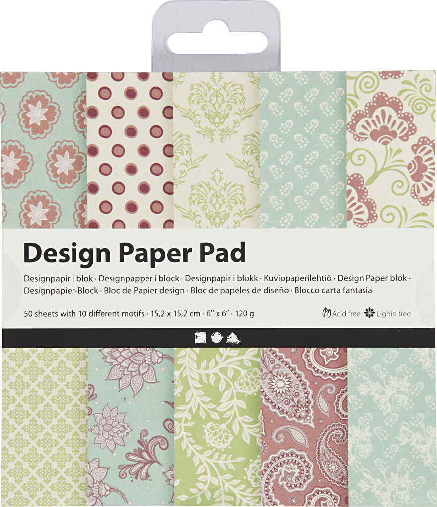 Designpapir I Blok - 15,2X15,2 CM - 120 G - Mint Grøn - Lilla - 50 Ark