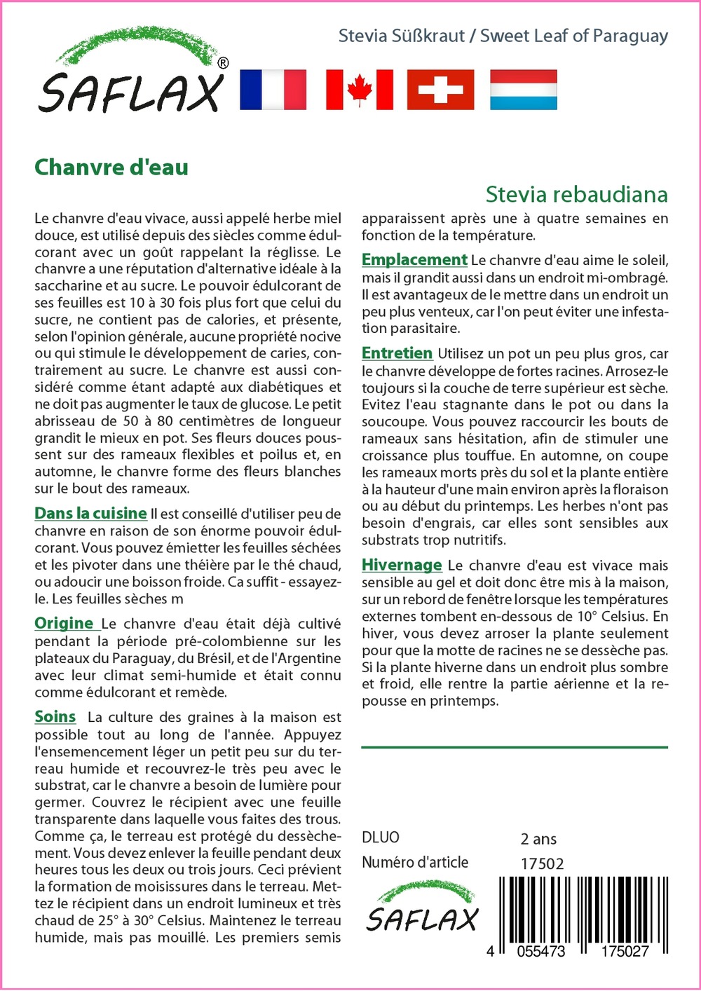 Chanvre d'eau - 100 graines - avec substrat - stevia rebaudiana