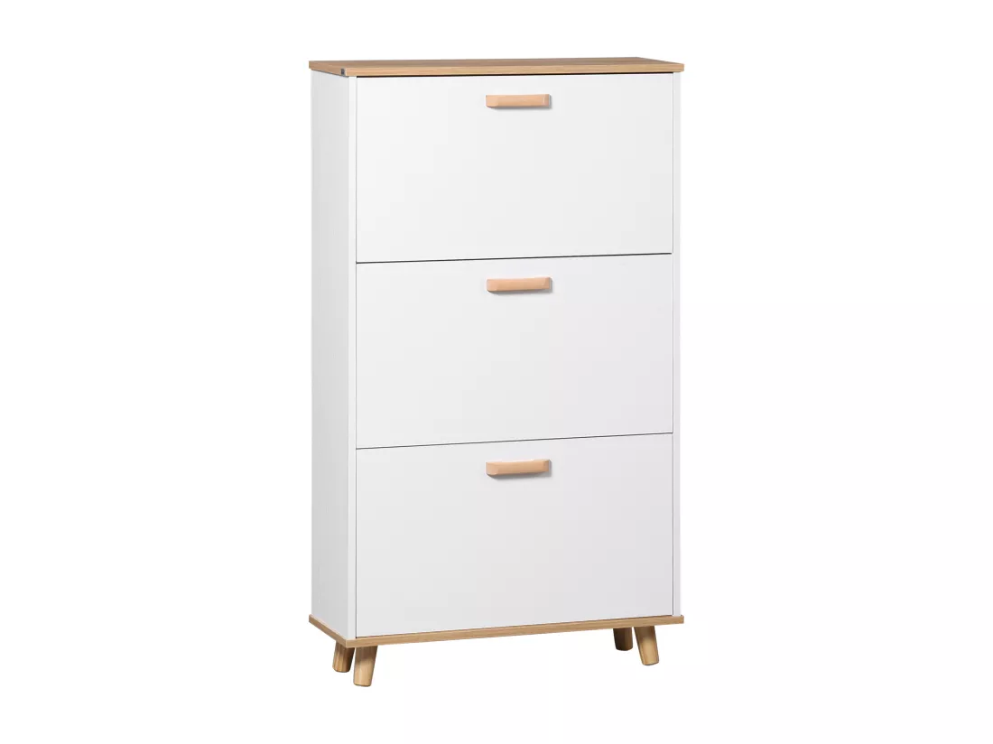 Meuble à chaussures design scandinave 3 portes abattantes 3 étagères réglables bois pin panneaux blanc