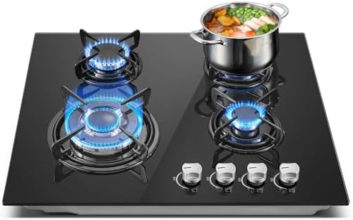 TopStrong Plaque de Cuisson Gaz 4 Feux, 60cm Plaque Gaz 4 Feux avec Sécurité Thermocouple, Cuisinière Encastrable, Naturel/Propane, 8060W, 220 240 V, Verre Noir : Gros électroménager