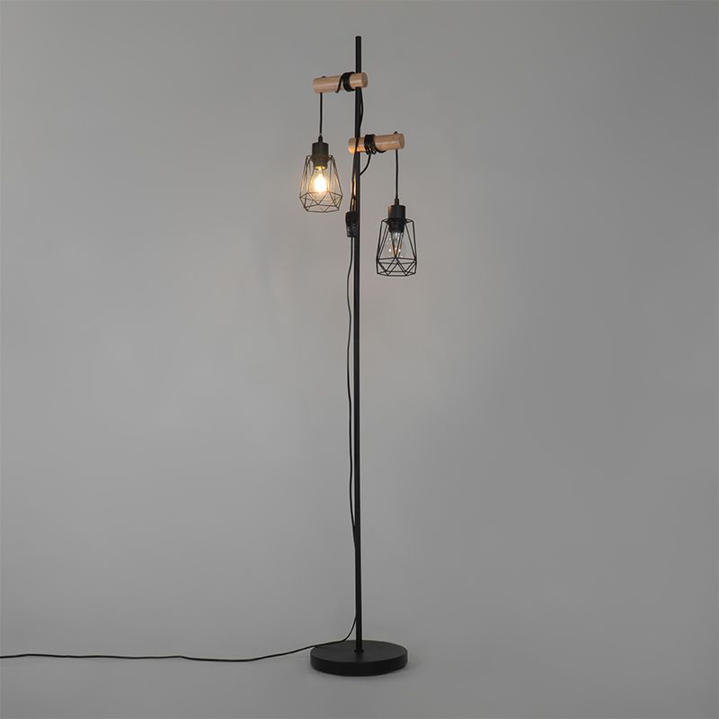 Landelijke vloerlamp zwart met hout 2-lichts met kap - Dami Frame