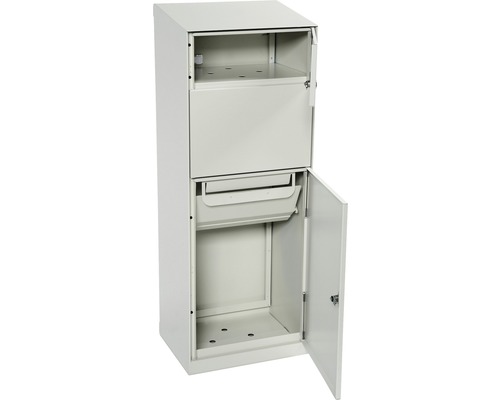 MEFA pakketbrievenbus, gepoedercoat staal, BxHxD 402/1091/310 mm, Esdoorn 662 wit aluminium RAL 9006, achterintrekbaar, 2 compartimenten met naamplaatje