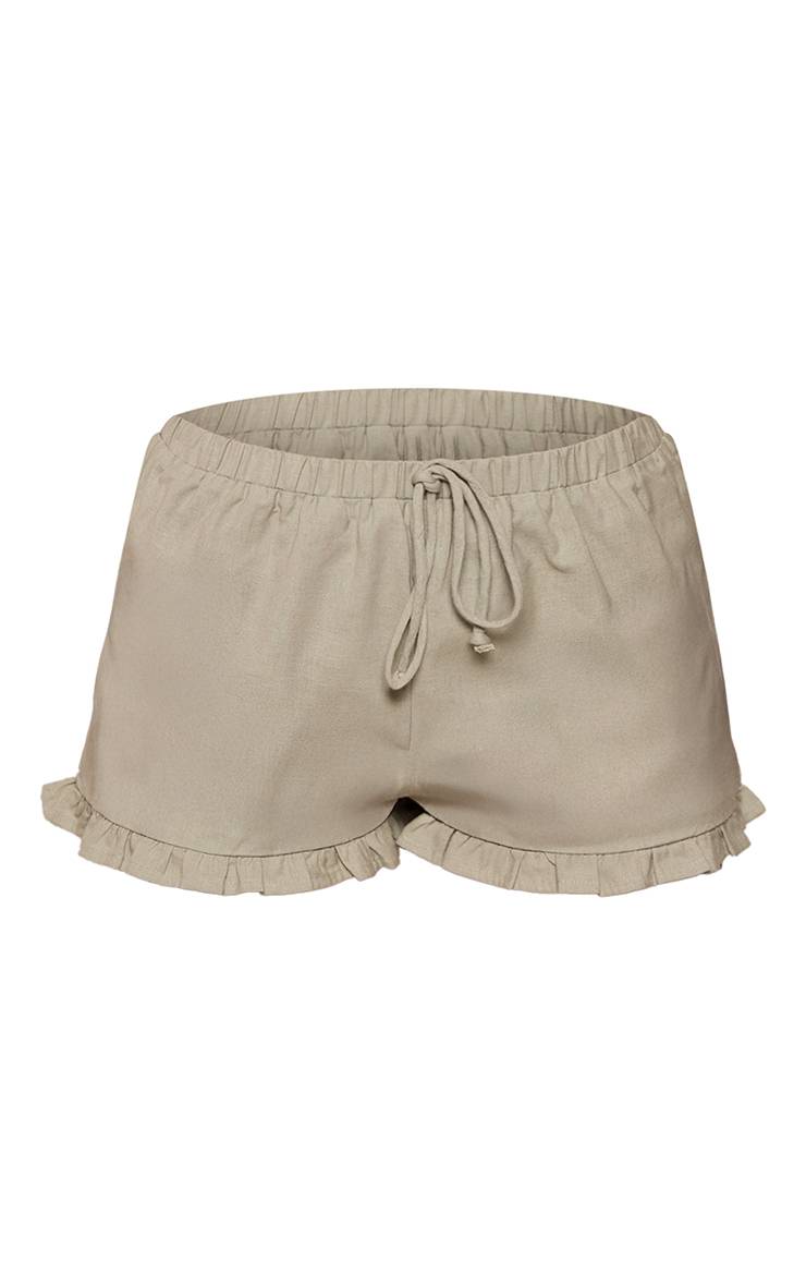 Vert Sauge Short Mini En Lin Petite Avec Taille À Cordon Et Ourlet À Volant Coordonné