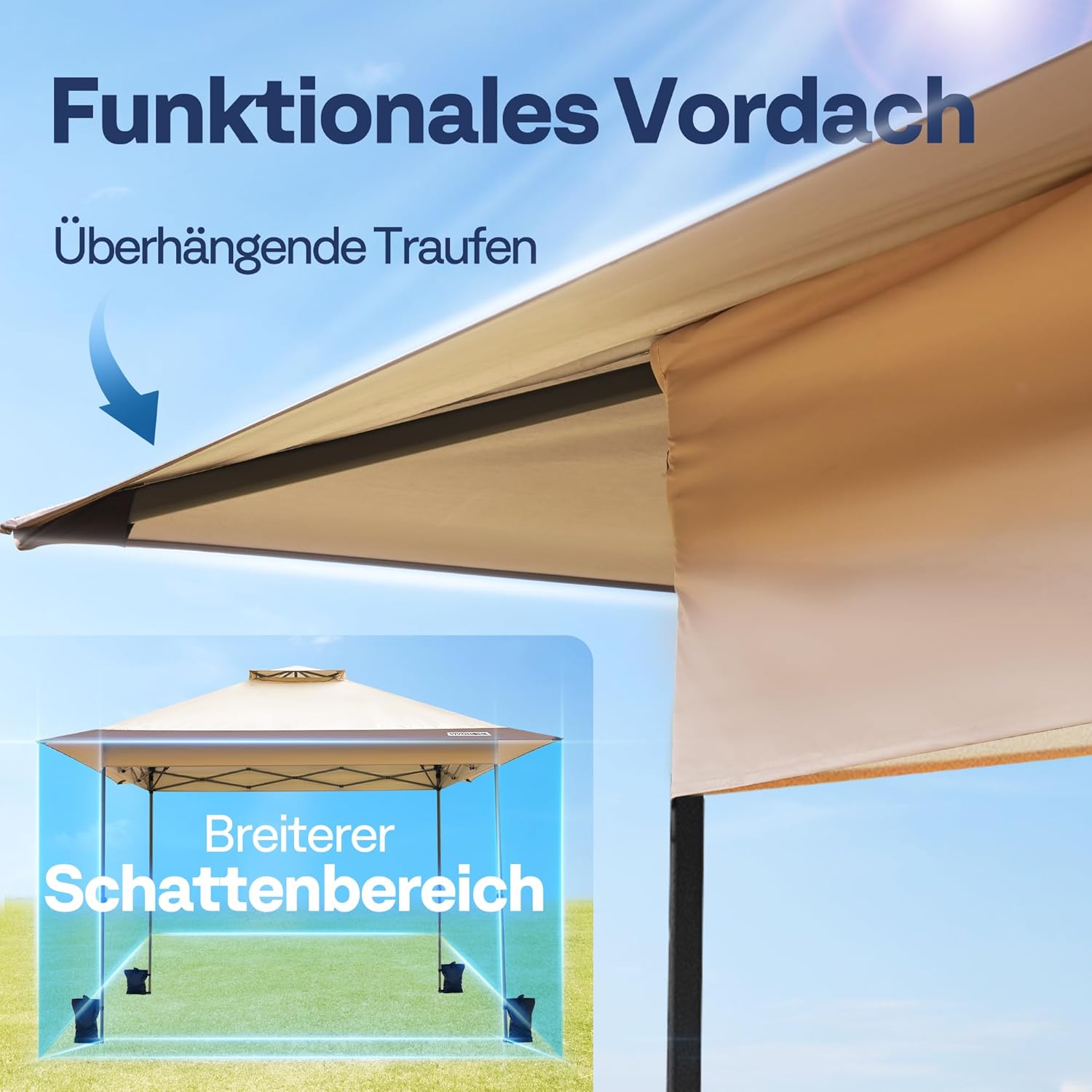 VIVOHOME Pavillon 4x4m Doppelschichtdach mit Rolltasche und 4 Sandsäcken 2 Ebenen tragbares Zelt für Terrasse Garten Hinterhof