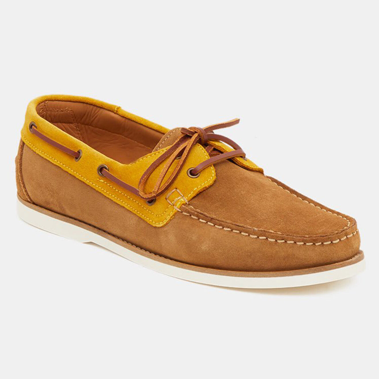Comptoir GL Chaussures bateau en Velours de Cuir bicolore cognac/Camel