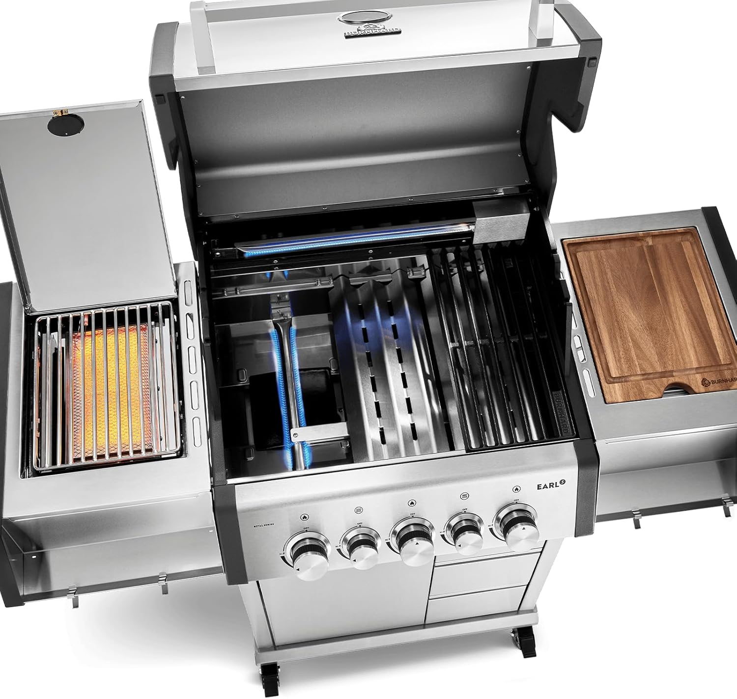 BURNHARD® 3-Brenner Gasgrill Edelstahl inkl. Heckbrenner, mit Gusseisen Grillrost & inkl. stabiler Abdeckhaube, Seitenkochfeld mit Infrarot Keramikbrenner - EARL