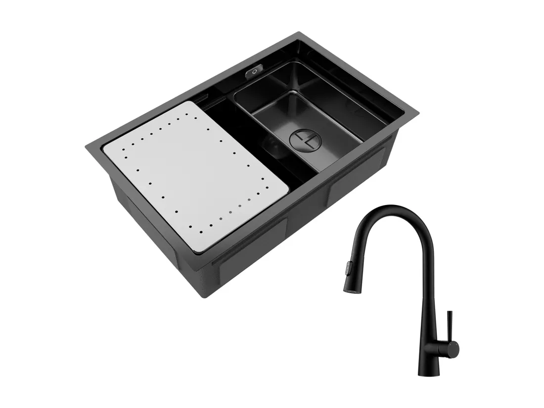 Cecipa max Évier 1 Bac 70×44CM Évier à Encastrer Noir avec Egouttoir et Vasque + Mitigeur avec Douchette Extractible, 3 Modes de Sortie D'eau, Noir