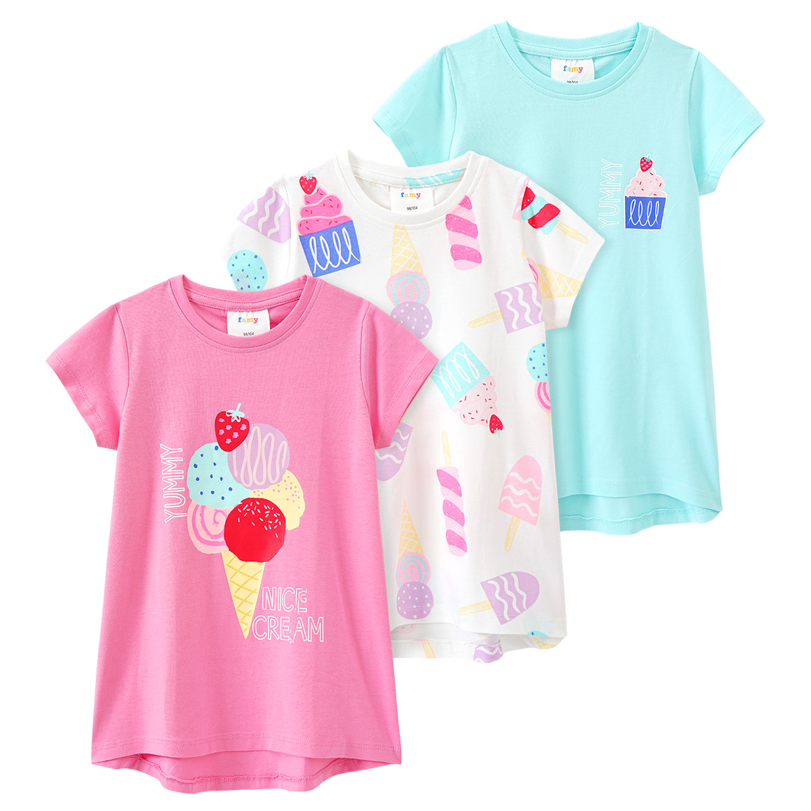 Famy 3 Mädchen T-Shirts mit bunten Motiven rosa / helltürkis / weiss