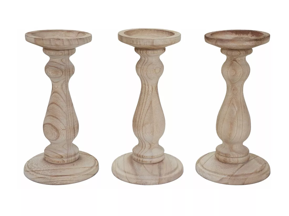 Lot de 3 bougeoirs bois marron 12.5 x 12.5 x 24 cm 04_0002989