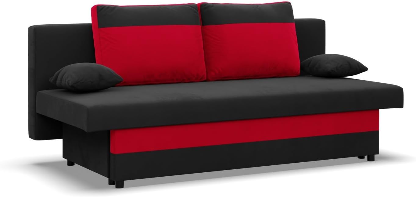 Mebligo - Sofa 3-Sitzer NOLA mit Schlaffunktion und Bettkasten, Schaum, schwarz + rot